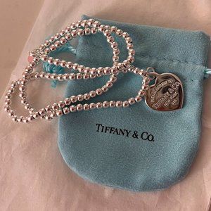 Return To Tiffany & Co Heart Charm Beaded Necklace Sterling Silver w Box
